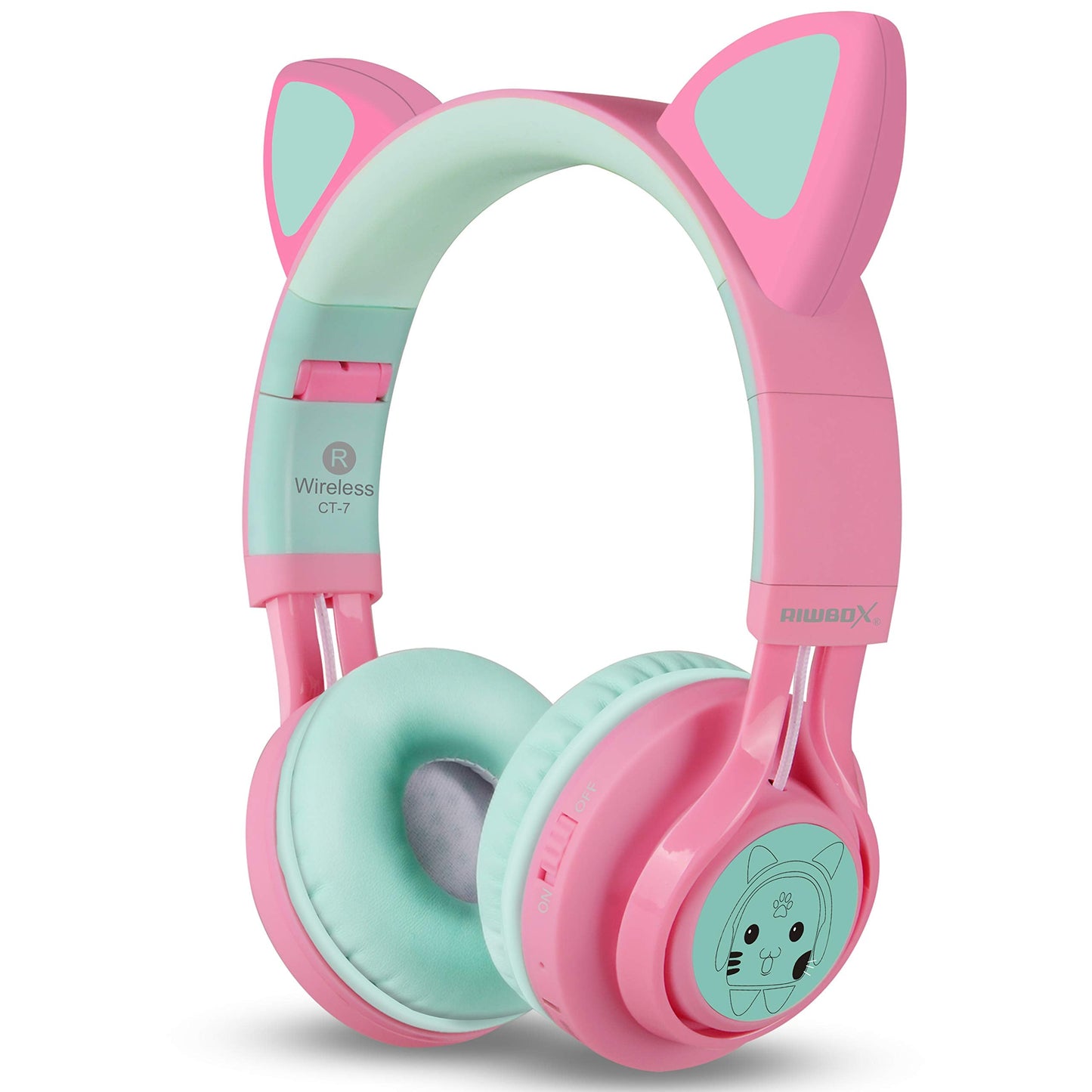 Riwbox CT-7 Cat Ear Bluetooth Headphones, LED Light Up Bluetooth Wireless Over Ear Headphones with Microphone and Volume Control for Travel/School/Smartphones/Laptop/PC/TV (Pink&Green)