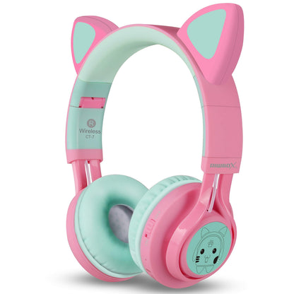 Riwbox CT-7 Cat Ear Bluetooth Headphones, LED Light Up Bluetooth Wireless Over Ear Headphones with Microphone and Volume Control for Travel/School/Smartphones/Laptop/PC/TV (Pink&Green)