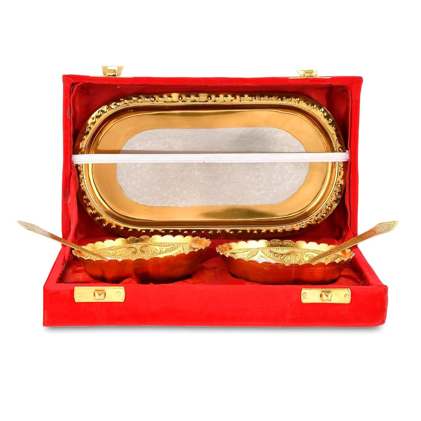 NOBILITY Bowl Spoon Tray Set Gold and Silver Plated Light Weight with Gift Box Dessert Dry Fruits Serving Gift Items Diwali Christmas Eid Wedding Return Home Decoration Gifts