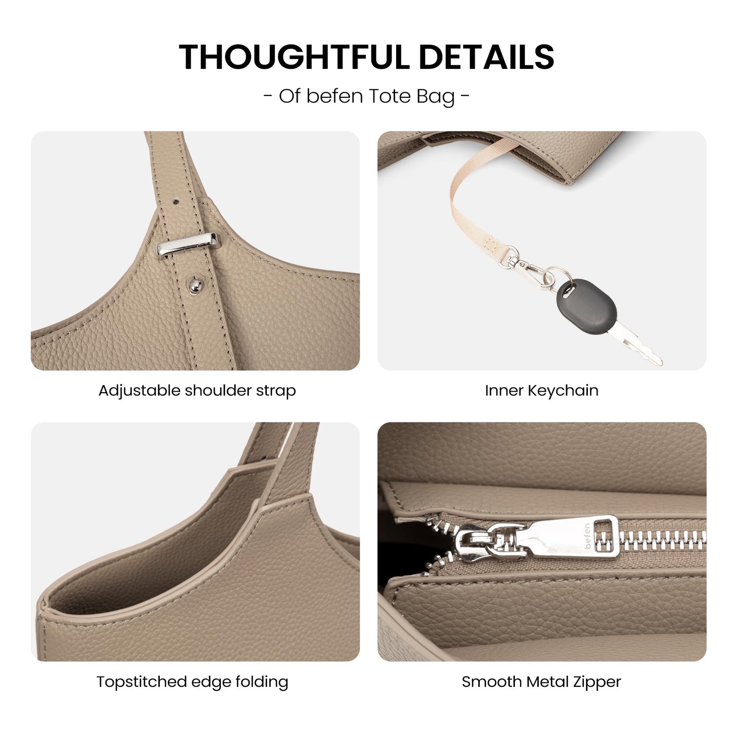 befen Genuine Leather Tote Bags for Women Work, Real Brown Leather Shoulder Handbags Zippered Satchel Purses with Adjustable Strap for Casual Shopping Travel Taupe
