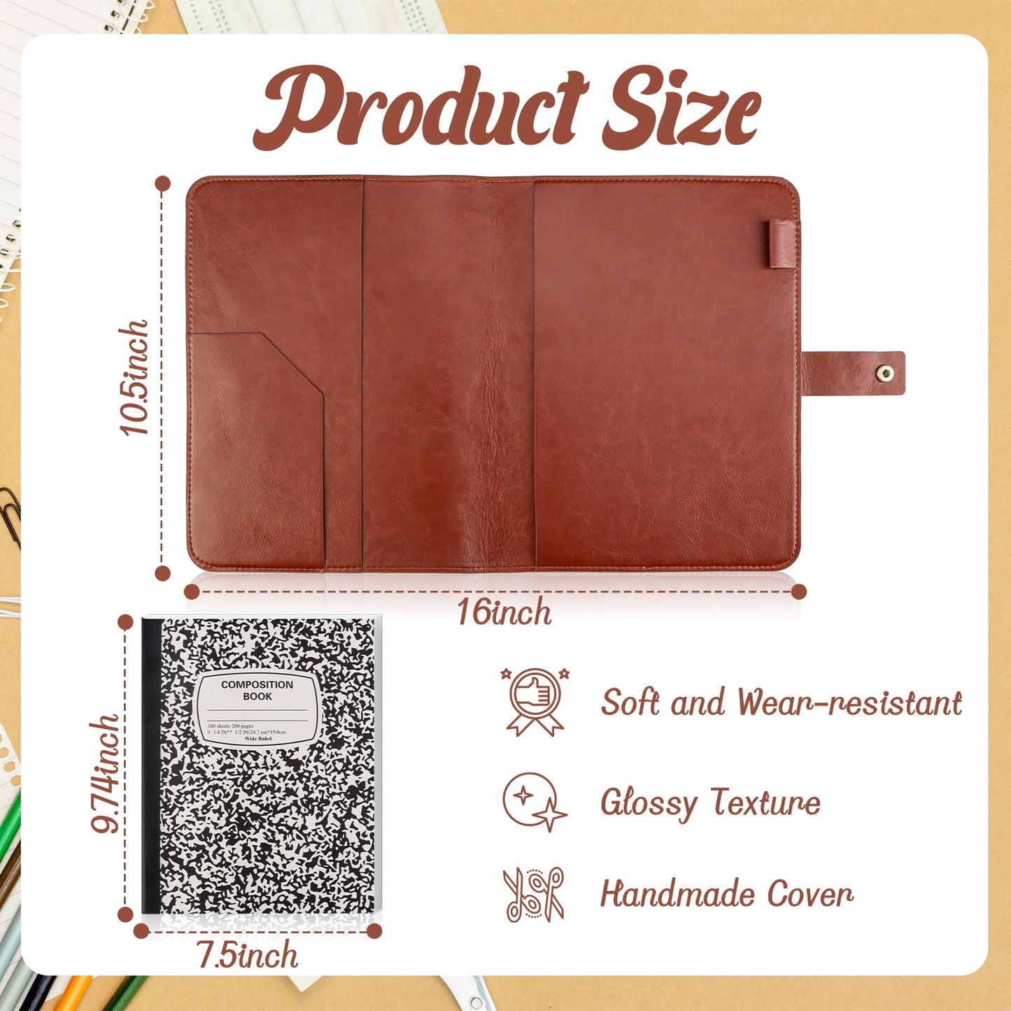 PU Leather Composition Notebook Cover 9 3/4 X 7 1/2 in with Composition Book 100 Sheets Vintage Rustic Distressed Leather Journal Notebook Cover Portfolio for School Office Home (Brown)