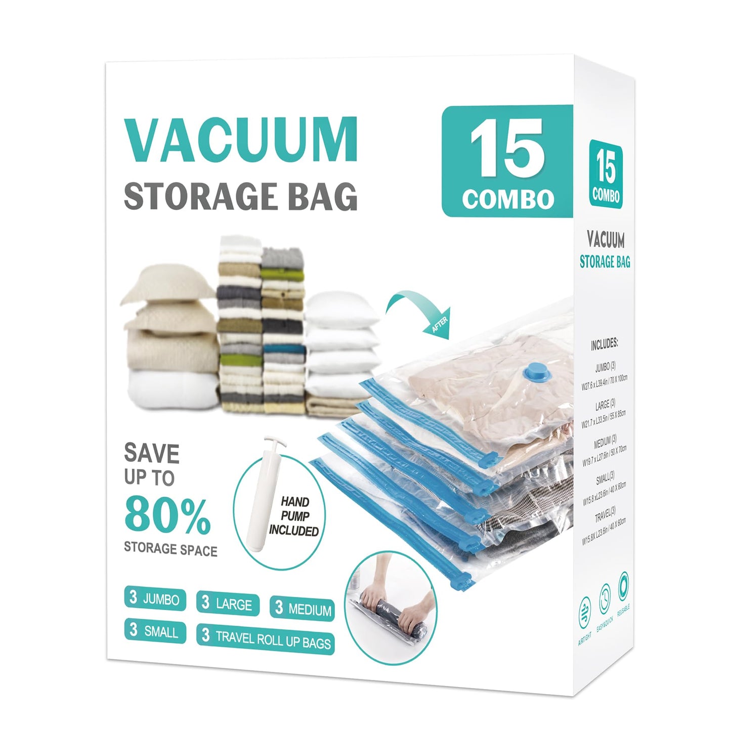ZOESTORAGE 15 Pack Vacuum Storage Bags 80% Space Saver Vacuum Seal Bags for Clothing Compression for Comforters Blankets Travel Luggage Clothes with Hand Pump（3 Jumbo/3 Large/3 Medium/3 Small/3 Roll）