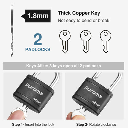 Puroma 2 Pack Keyed Padlock with 3 Keys Alike, 1.1 Inch Locker Lock 40mm Heavy-Duty Locks for Gate Fence Hasp Cabinet Toolbox School Gym Locker (Black)