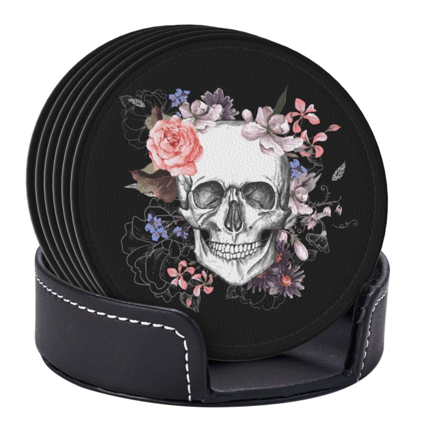 Niukom 6 Pcs Sugar Skull Flower Leather Coasters for Drinks with Holder Coaster Sets Drink Table Cup Coasters for Living Room Kitchen Coffee Decor