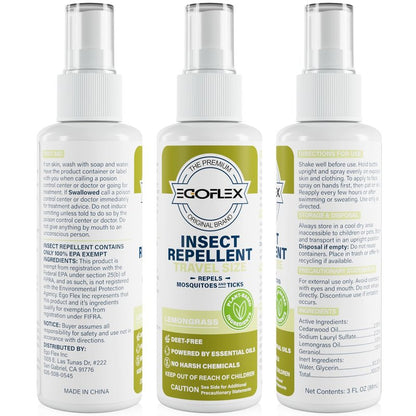 3-Pack Mosquito Repellent Spray - DEET-Free Bug Spray Travel Size TSA Approved - Mosquito, Tick & Insect Killer Deterrent with Natural Essential Oils - Lemongrass Scent - Safe for Family - 3 Fl Oz