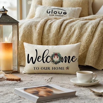 Christmas Welcome Throw Pillow Covers 12 x 20 Inch Farmhouse Seasonal Holiday Decorative Lumbar Pillowcases with Xmas Wreath Design Cushion Covers for Front Porch Decor (Red/Green)
