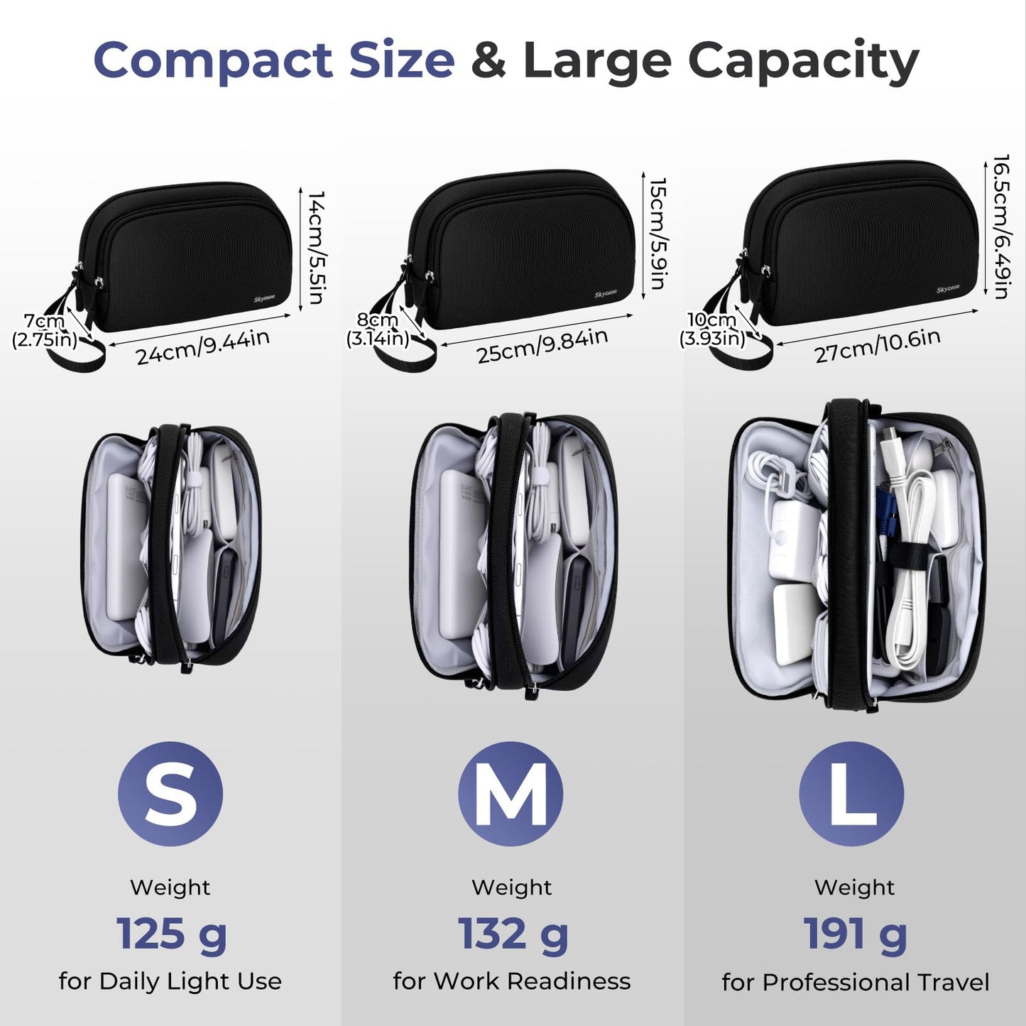 Skycase Travel Cable Organizer - Lightweight Water Resistant Dual-Layer Tech Pouch with Wrist Strap 11 Compartments Electronic Organizer Travel Case for Charger Cord Hard Drive,Large,Black