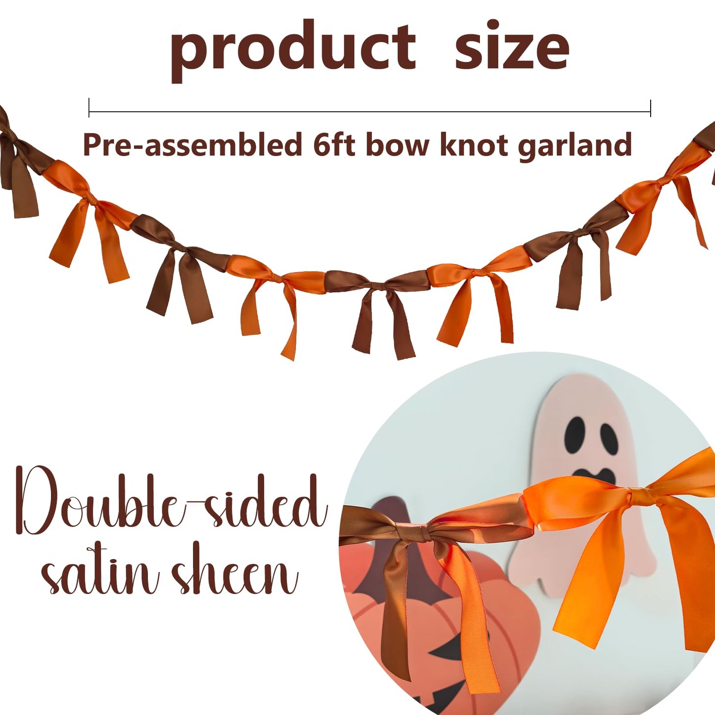 Eanjia Fall Bow Knot Garland | 6ft Linking Satin Bow Banner with 3ft Extend Ribbon for Thanksgiving Party, Autumn Banners Signs, Brown Bed Decor (Orange & Brown, 6ft)
