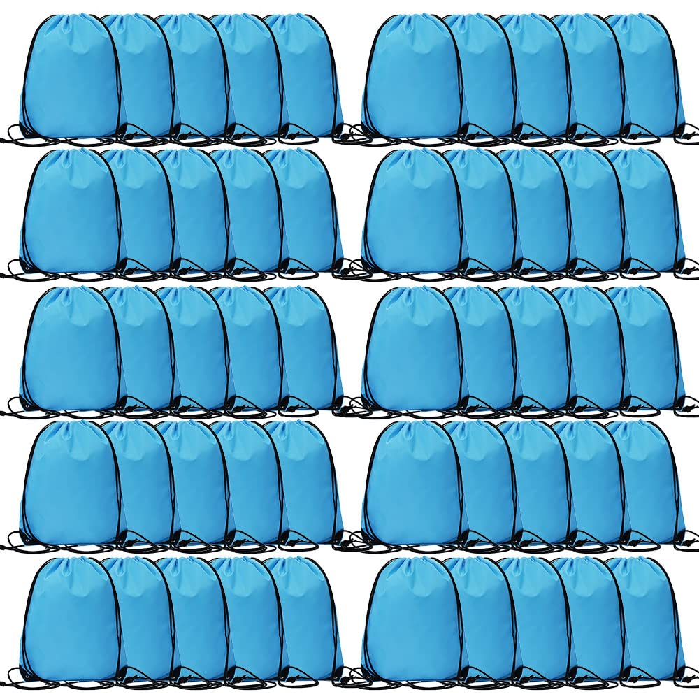 CODOBON 50 Pcs Drawstring Bags, Bulk Draw String Backpack, Cinch Polyester Bag for Gym Sport, Sky Blue
