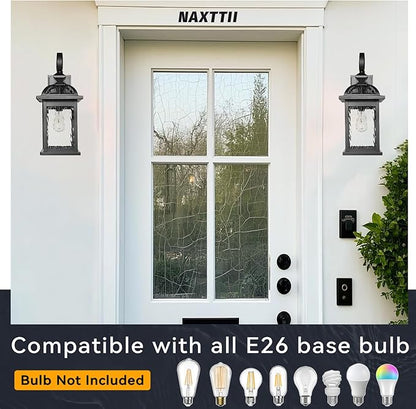 Outdoor Porch Lights Wall Mount Matte Black Outdoor Wall Lamps with Water Ripple Glass 15 Inch Large Aluminum Exterior Lighting Fixtures for Garage Front Door E26 Socket