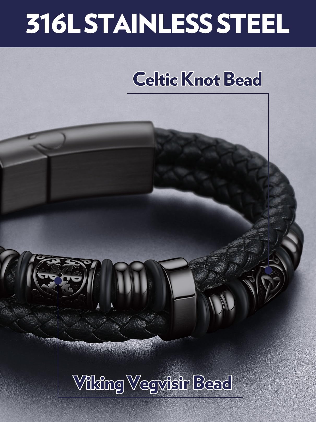 Bandmax Black Leather Viking Nordic Bracelet for Men 8.26 Inch Celtic Knot Beaded Wristband Bracelets Norse Style Men's Wrist Jewelry Gift for Son Husband Father Christmas Birthday Father's Day