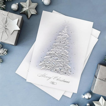 Masterpiece Embossed Frosted Tree Christmas Cards / 15 Boxed Winter Evergreen With Pearl And Silver Accents Holiday Cards With Coordinating Envelopes / 5 5/8" x 7 7/8" Folded Tree Greeting Card Set