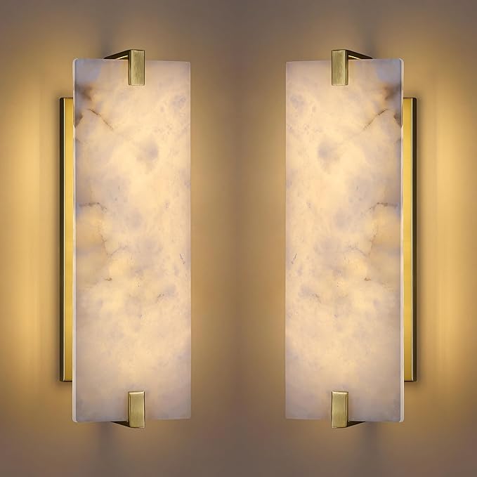 2 Pack 2 Light Square 16.7" Alabaster Marble Bathroom Wall Sconce Modern Concise Style Wall Light Fixture,Gold Finish for Bedroom Hallway Bedside