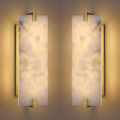 2 Pack 2 Light Square 16.7" Alabaster Marble Bathroom Wall Sconce Modern Concise Style Wall Light Fixture,Gold Finish for Bedroom Hallway Bedside