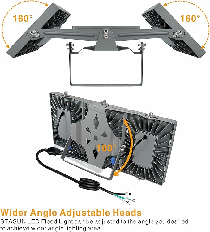 STASUN LED Flood Light Outdoor, 300W 27000lm Outdoor Lighting with 330° Lighting Angle, 5000K, 3 Adjustable Heads, IP66 Waterproof LED Exterior Security Area Lights for Yard, Stadium, Parking Lot