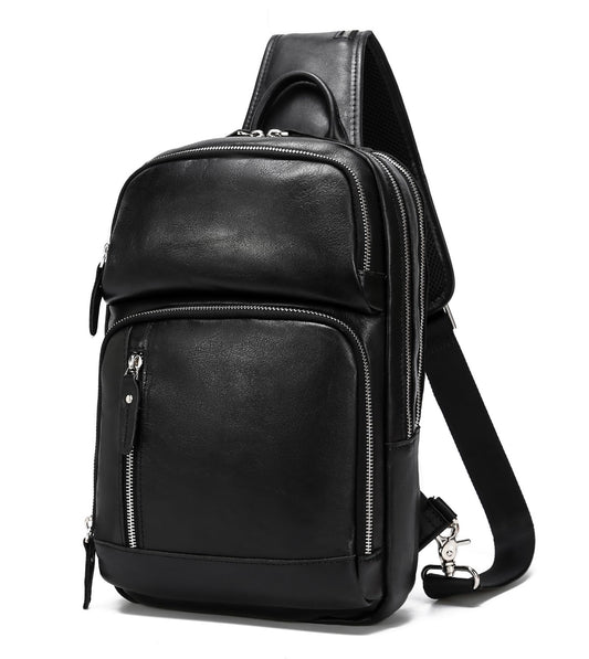 LANNSYNE Full Grain Leather Sling Bag For Men Crossbody Chest Daypack fits 12.9" iPad