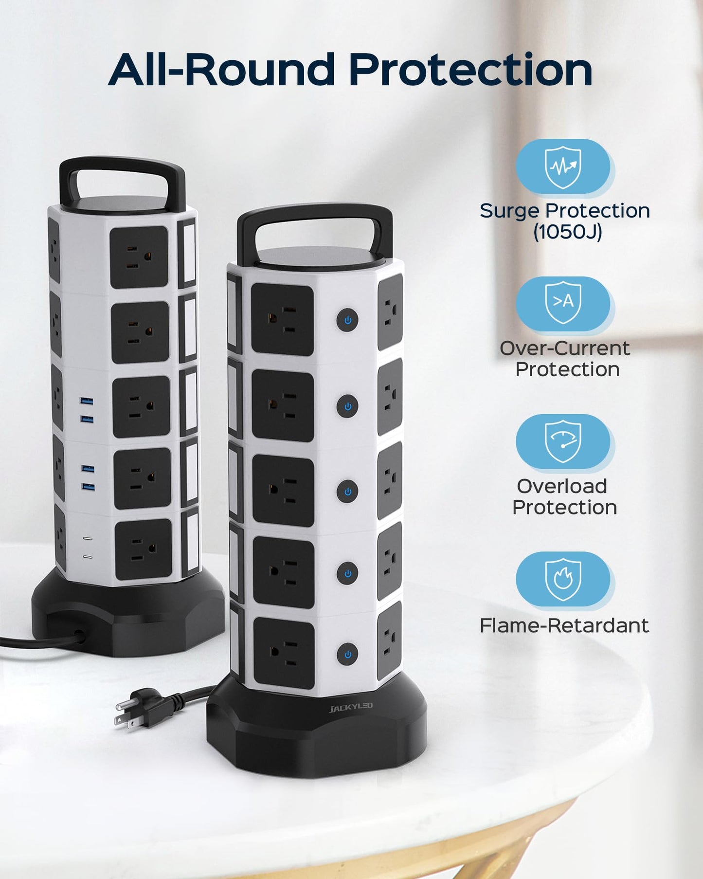 Power Strip Tower Surge Protector, JACKYLED 20 Outlets 6 USB (2 USB C) Charging Station, Extension Cord with Multiple Outlets, 1050J 1625W/13A Outlet Extender 6.5ft Extension Cord for Home Office
