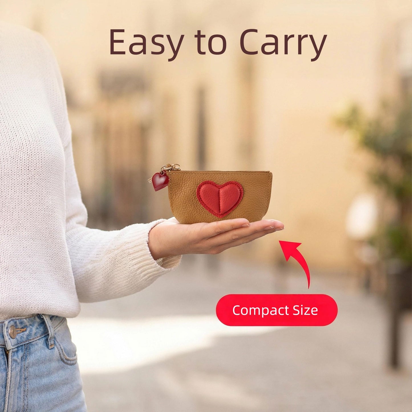 Red Heart Design Small Coin Purse - Cute Compact Keychain Change Purse Soft Leather Wallet with Zipper for Women (Brown)