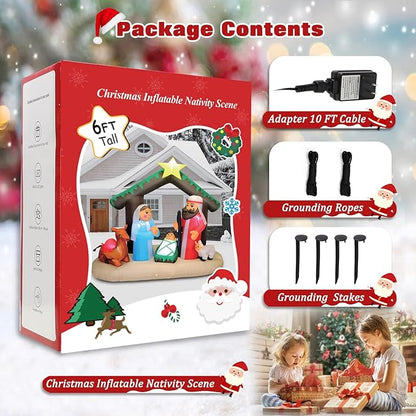 7FT Christmas Inflatable Nativity Scene with Baby Jesus, Parents, Donkey, Sheep, Star, Blow Up Manger Set Indoor & Outdoor Decorations, Built-in LED Lights for Garden, Lawn, Yard, Christmas Parties