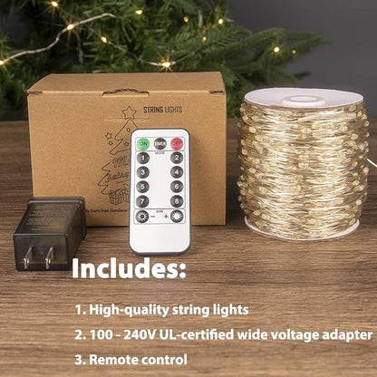 Long Warm White 525Ft Plug in Fairy Lights Silver Wire 1600LEDs, 8 Modes, Waterproof, Remote - Controlled for Bedroom, Garden, Party, Christmas, Wedding & Birthday Decor, Indoor & Outdoor Use