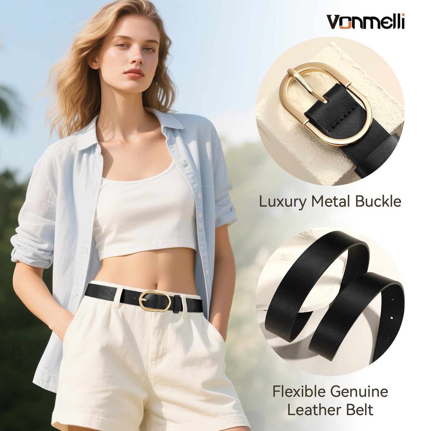 VONMELLI 3 Pack Women's Belts for Jeans Pants Fashion Gold Buckle Ladies Dress Belt