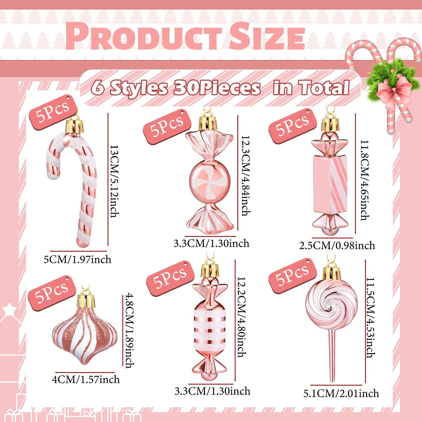 Realspring 30 Pcs Christmas Candy Ornaments Peppermint Candy Cane Christmas Decorations Plastic Lollipop Hanging Ornaments with Rope for Xmas Tree Party Holiday Supplies(Pink White)