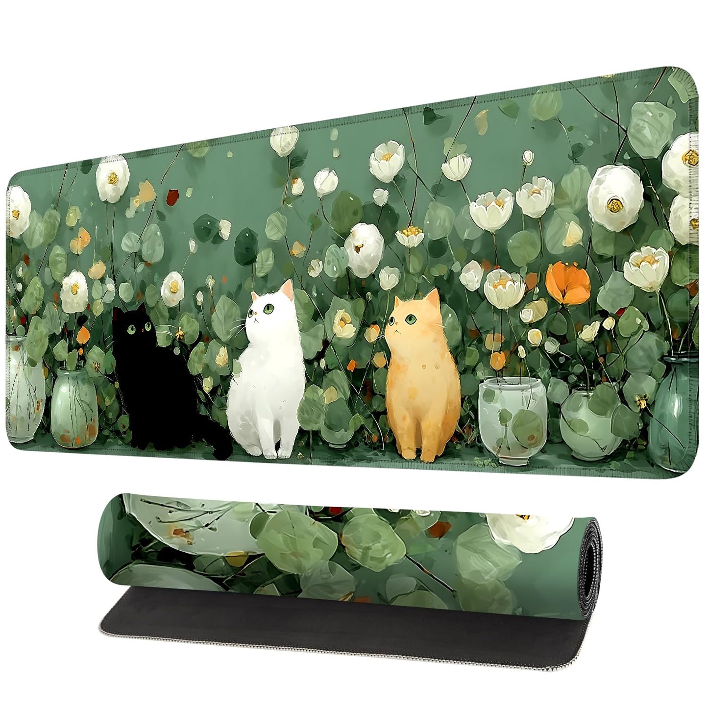 Desk Mat, XXL Extended Gaming Pad for Desktop, 31x12 Inches Floral Cats Three Kittens with Flowers, Large Non-Slip Vegan Leather Surface with Stitched Edges, Keyboard Mouse Mat for Home Office