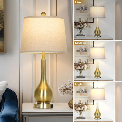 26" Gold Table Lamps Set of 2 for Living Room, Touch Control Bedroom Lamps for Nightstand, 3-Way Dimmable Bedside Lamp with USB A+C Port (2 LED Bulbs Included)