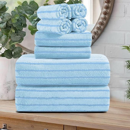 8 Pcs Blue Cabana Stripe Bath Sheet Set Oversized Bath Towel-2 Bathroom Sheets