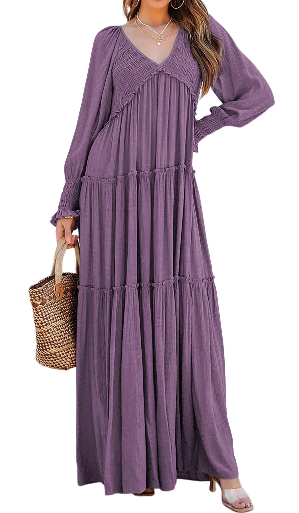 R.Vivimos Maxi Dress for Women Long Sleeve V Neck Empire Waist Layered Ruffle Boho Casual Flowy Long Dresses