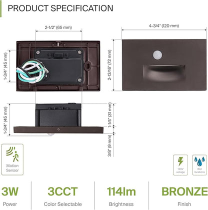 ASD LED Recessed Step Light Fixture, Outdoor & Indoor Stair Tread Lighting | 3CCT, Motion Sensor, Waterproof, ETL Listed | 3W 120LM 3000K-5000K 120V | Staircase Hardwired Illumination | Dark Bronze