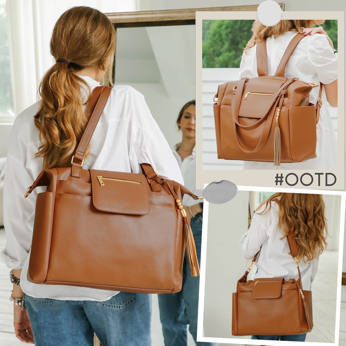 Omanmoli Diaper Bag Tote Leather Diaper Bag Backpack Large Baby Bag 14 Diaper Organizing Pouches,Changing Pad,Crossbody Strap,4 Insulated Pockets,Brown