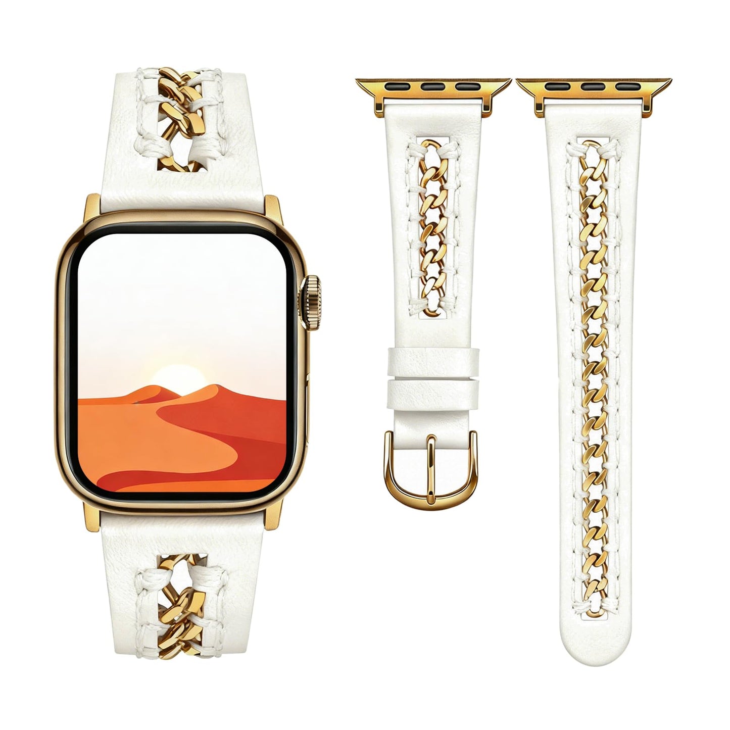 Handodo Italian genuine leather apple watch band with Gold Chain Details, Compatible with Apple Watch Series 11 10 9 8 7 6 5 4 3 2 1 SE SE2 Ultra 2/3, iwatch bands for women men 40mm 38mm 41mm 42mm 44mm 45mm 46mm, SGS Certified,white