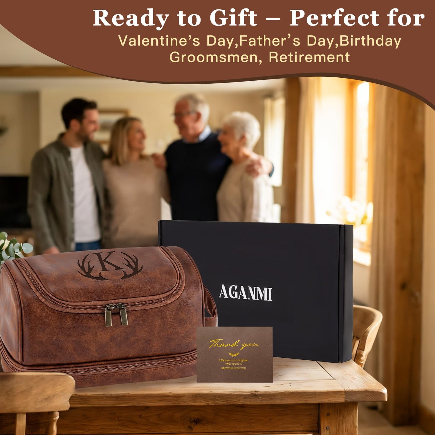 Aganmi Personalized Toiletry Bag Fathers Day Birthday Gifts for Men Dad Husband, Custom Initial PU Leather Waterproof Toiletry Organizer Dopp Kit Shaving Bag Travel Essential for Men (Reddish Brown J)