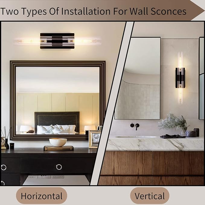 Modern Wall Sconces, 22.8in Black, 2-Light Indoor Wall Mounted Sconces, Bathroom Vanity Light for Living Room, Bedroom, Staircase