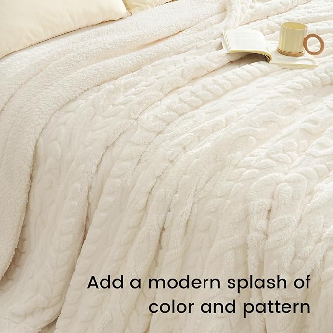 PHF Fluffy Sherpa Blanket Twin Size for Winter, Warm and Soft, 510GSM 3D Jacquard Thick Shaggy Fleece Plush Blanket for Sofa Bed, Cream, 60"x80"