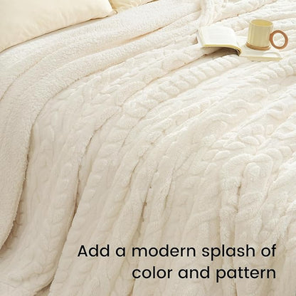 PHF Fluffy Sherpa Blanket King Size for Winter, Warm and Soft, 510GSM 3D Jacquard Thick Shaggy Fleece Plush Blanket for Sofa Bed, Cream, 108"x90"