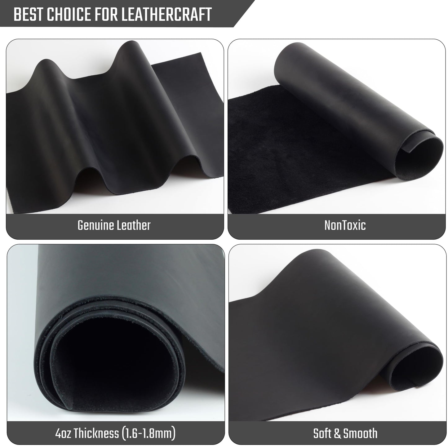 Real Leather Tooling - Thick Crazy Horse Leather Sheets for Crafting, Wallets - Not Faux (Black, 12"x12")