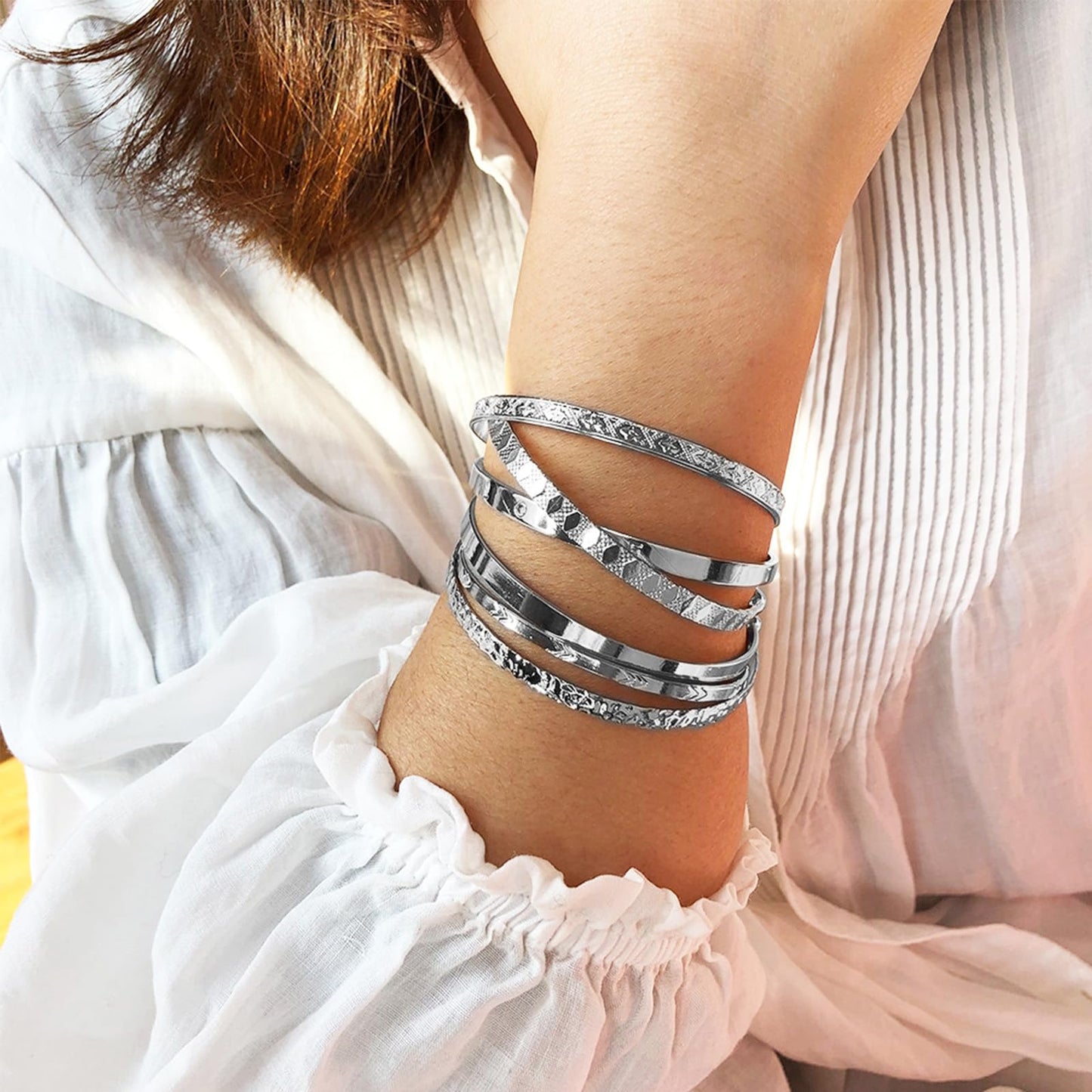 IFKM Silver Bangles Bracelets For Women, Silver Plated Multi Layer Stackable Cuff Bracelet Set, Trendy Elegance Charms Non Tarnish Minimalist Textured Boho Jewelry Gift for Women