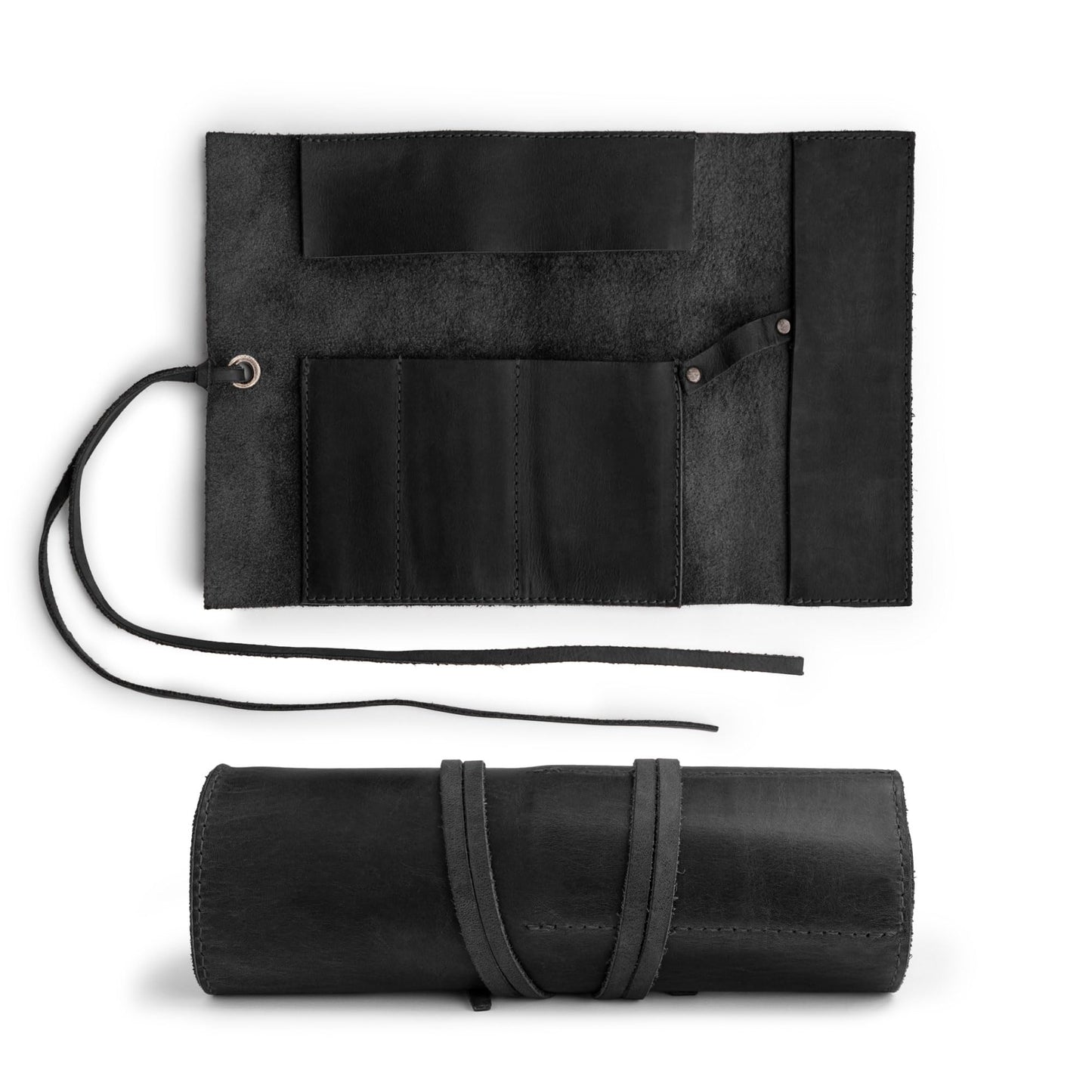 Hide & Drink, Rustic Pencil Roll Pouch, Multi-Purpose Storage Wrap for Scissors, Earphones, Organizer for Craft, Full Grain Leather, Handmade, Charcoal Black