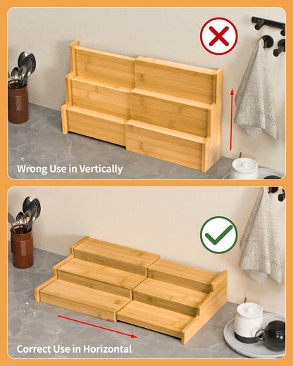 Spice Rack Organizer, 3 Tier Expandable Bamboo Spice Rack Organizer, Great for Kitchen Cabinet, Cupboard, Pantry and More-Bamboo