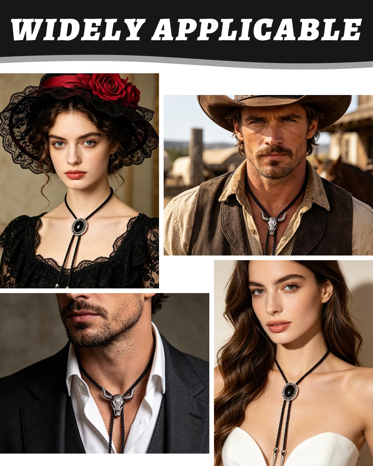 KRLBZER 2 Pcs Bolo Tie for Men, Black and Silver Western Necktie, Adjustable Leather Rope Necklace with Metal Pendant, Cowboy Costume Accessories for Women Men