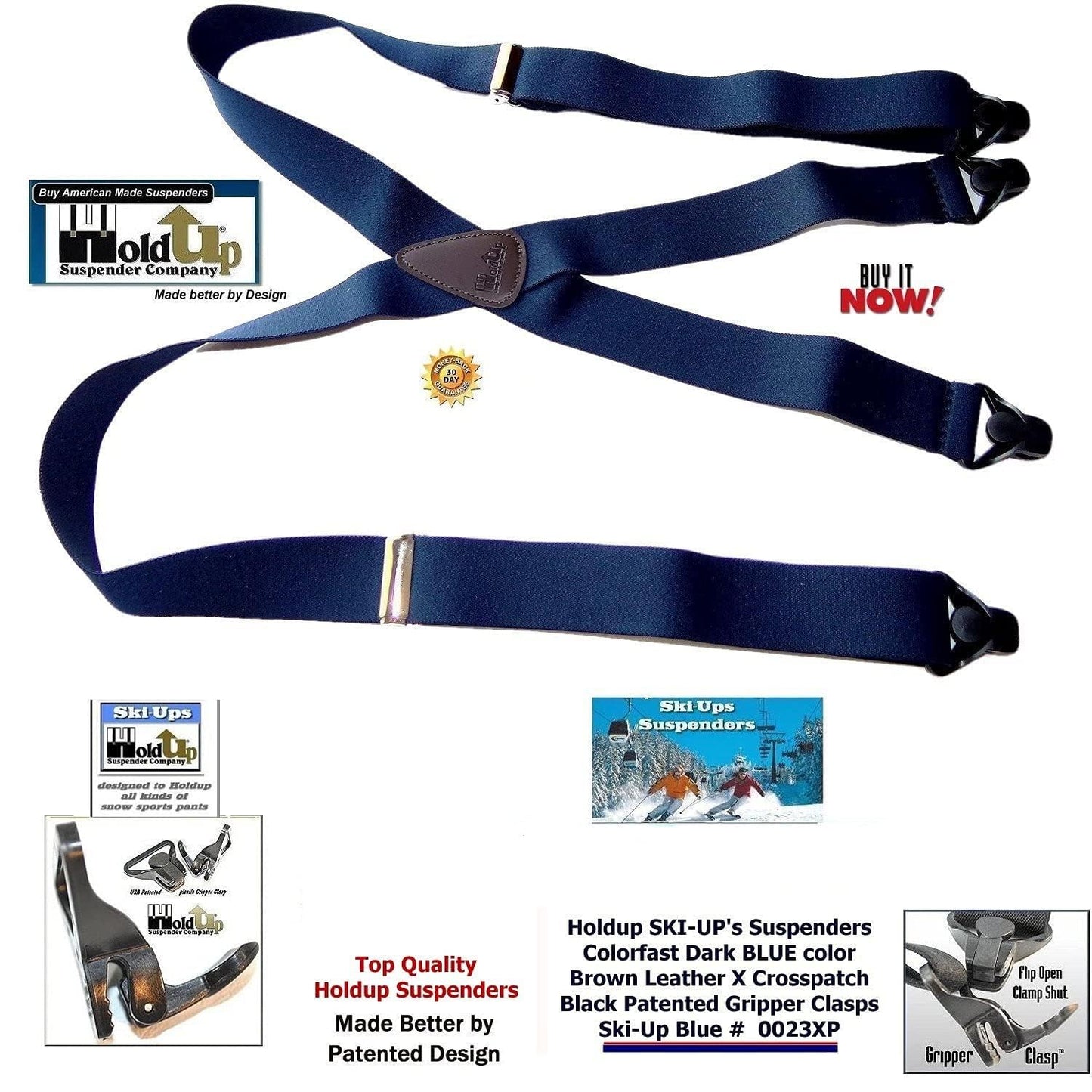 Holdup Ski-Ups Blue 1 1/2" Suspenders for Men with USA Patented Black Composite Plastic Gripper Clasps