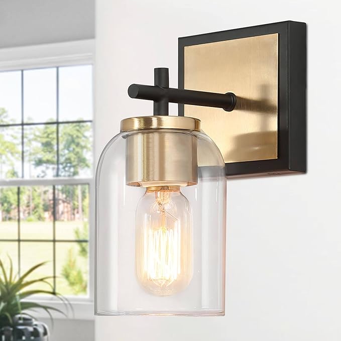 KSANA Black & Gold Wall Sconces, Electroplate Brass Sconce Wall Lighting, Modern 1-Light Bathroom Light Fixtures with Clear Glass Shade for Stairway, Living Room and Kitchen