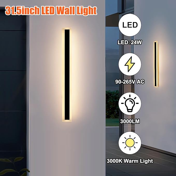 TooCust 2 Pack 31.5in Long Outdoor Modern Led Wall Light, IP65 Waterproof Modern Outdoor Wall Light, 24W Warm Light 3000K, Narrow Strip Light, Long Wall Sconce for Garage, Wired Installation