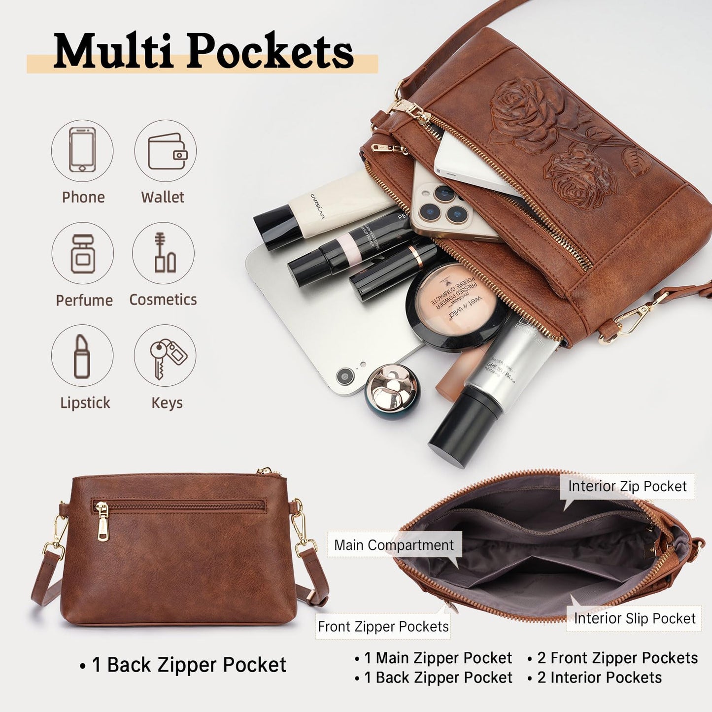 VIMUTI Vegan Leather Wristlet Wallet Purse for Women Small Clutch Purse with 2 Straps,Embossed Crossbody Cell Phone bag (Brown)