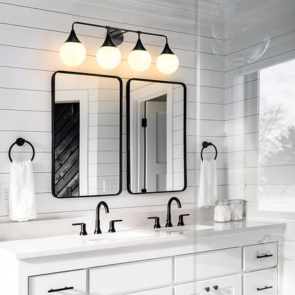 Bathroom Vanity Light Fixtures: 4-Light Mid Century Modern Bathroom Lighting Fixtures Over Mirrors - Matte Black Wall Sconce with Milky Glass Ball Shade for Bath Bedroom