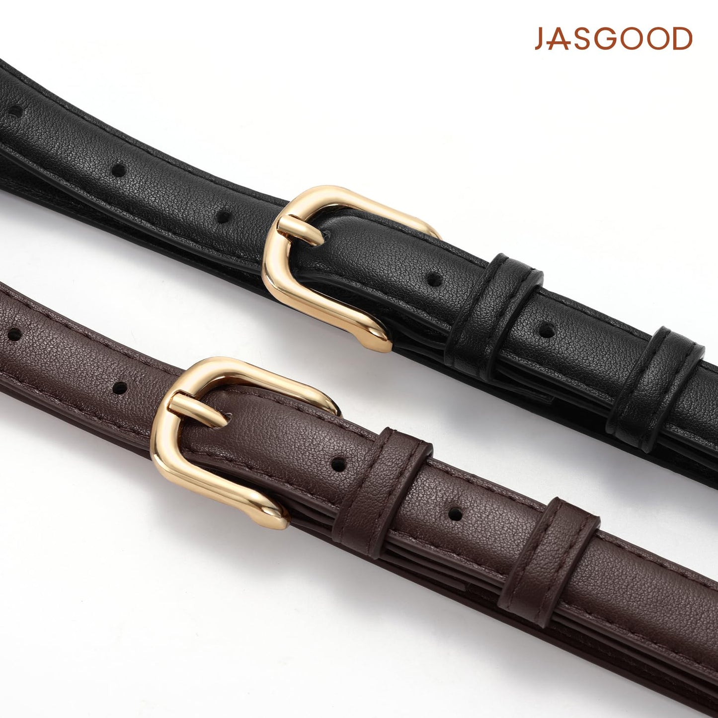 JASGOOD 2 Pack Women Skinny Belt with Gold Buckle Fashion Faux Leather Thin Belt for Jeans Pants,Black+Dark Brown