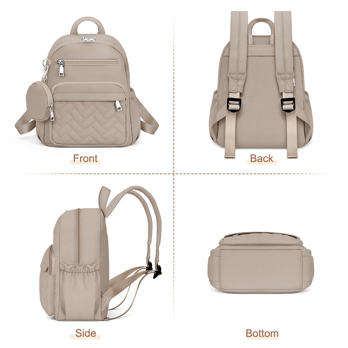 SYTRAH Mini Backpack for Women Small Backpack Purse, Anti Theft Backpack Waterproof Lightweight Puffer Back packs for Travel, Work with Coin Purse Khaki