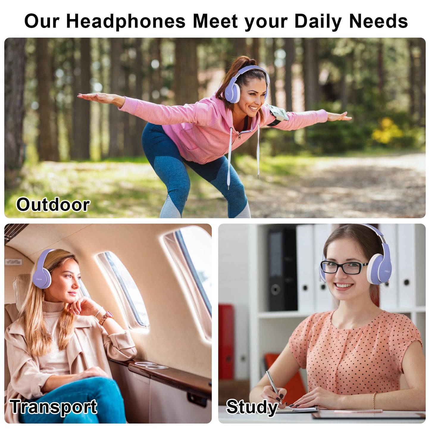 JOMILIN B9 Wireless Headphones Over-Ear, 60 Hours Playtime Lightweight Folding Hi-fi Stereo Bass Bluetooth Headset with Mic, Volume Control Headphones for iPad/Travel/Tablet/PC (Purple)
